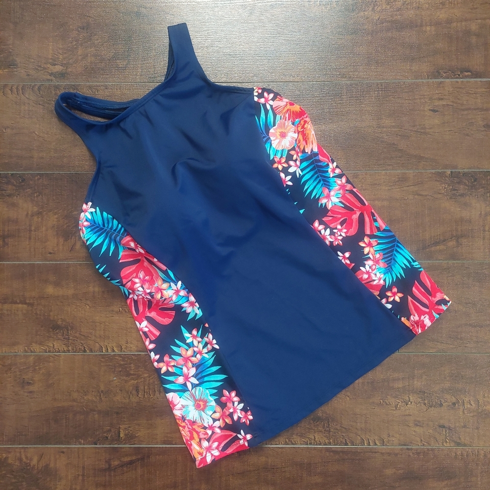 Lands' End Racerback Tankini Top Navy Orange Tropical Floral Size 6D - Picture 1 of 8